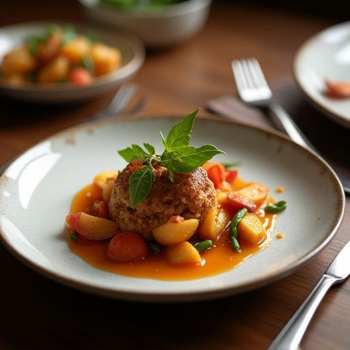 Freshly plated gourmet dish being photographed