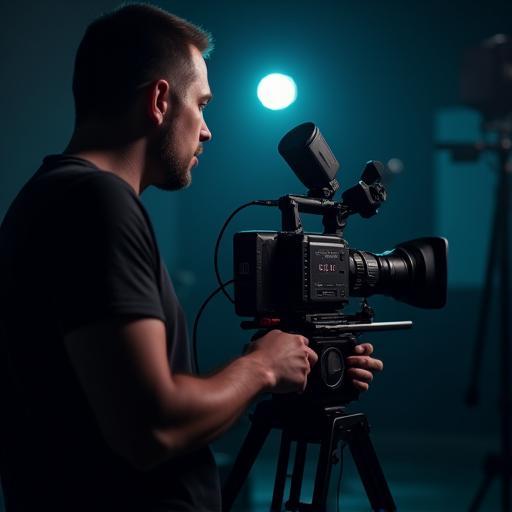 Videographer operating cinema camera